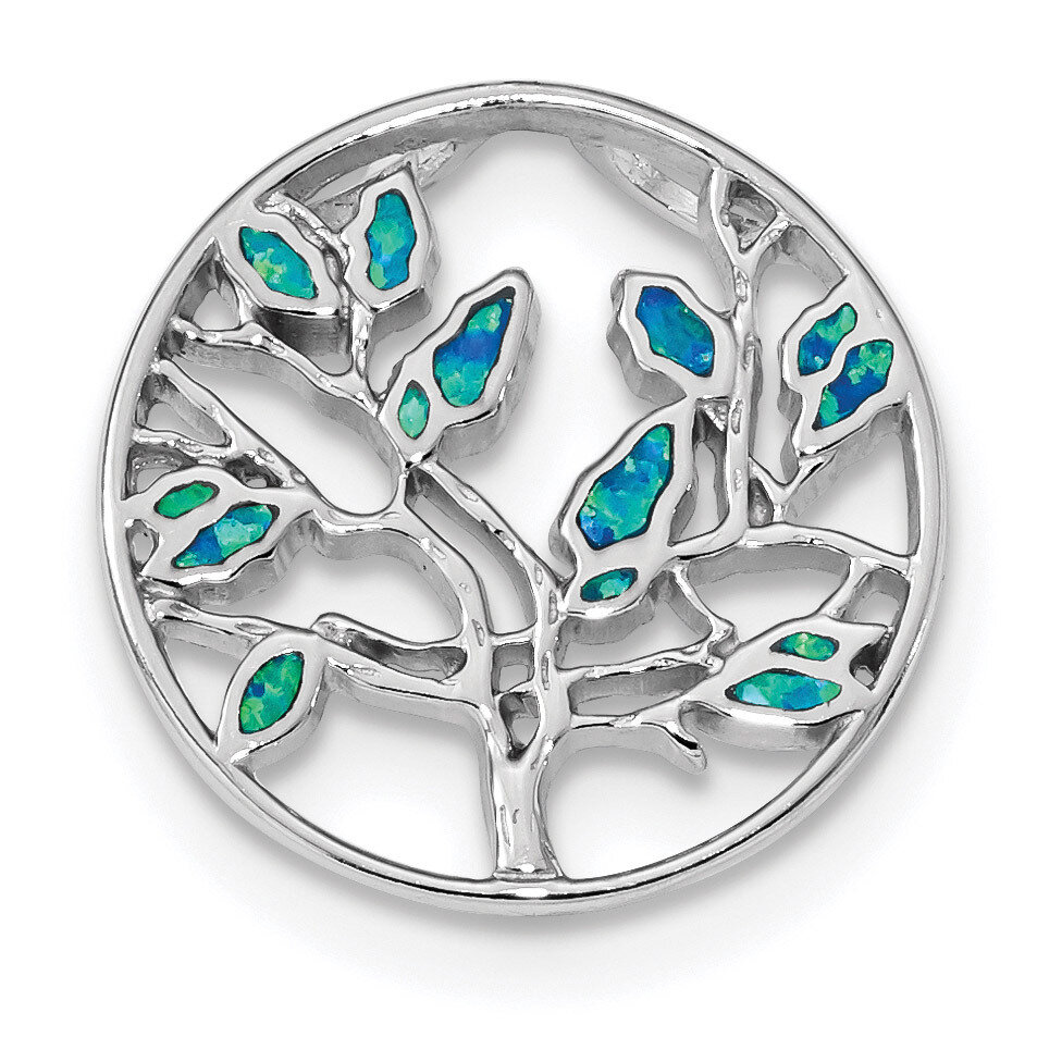 Blue Created Opal Tree Pendant Sterling Silver Rhodium-plated QP4864