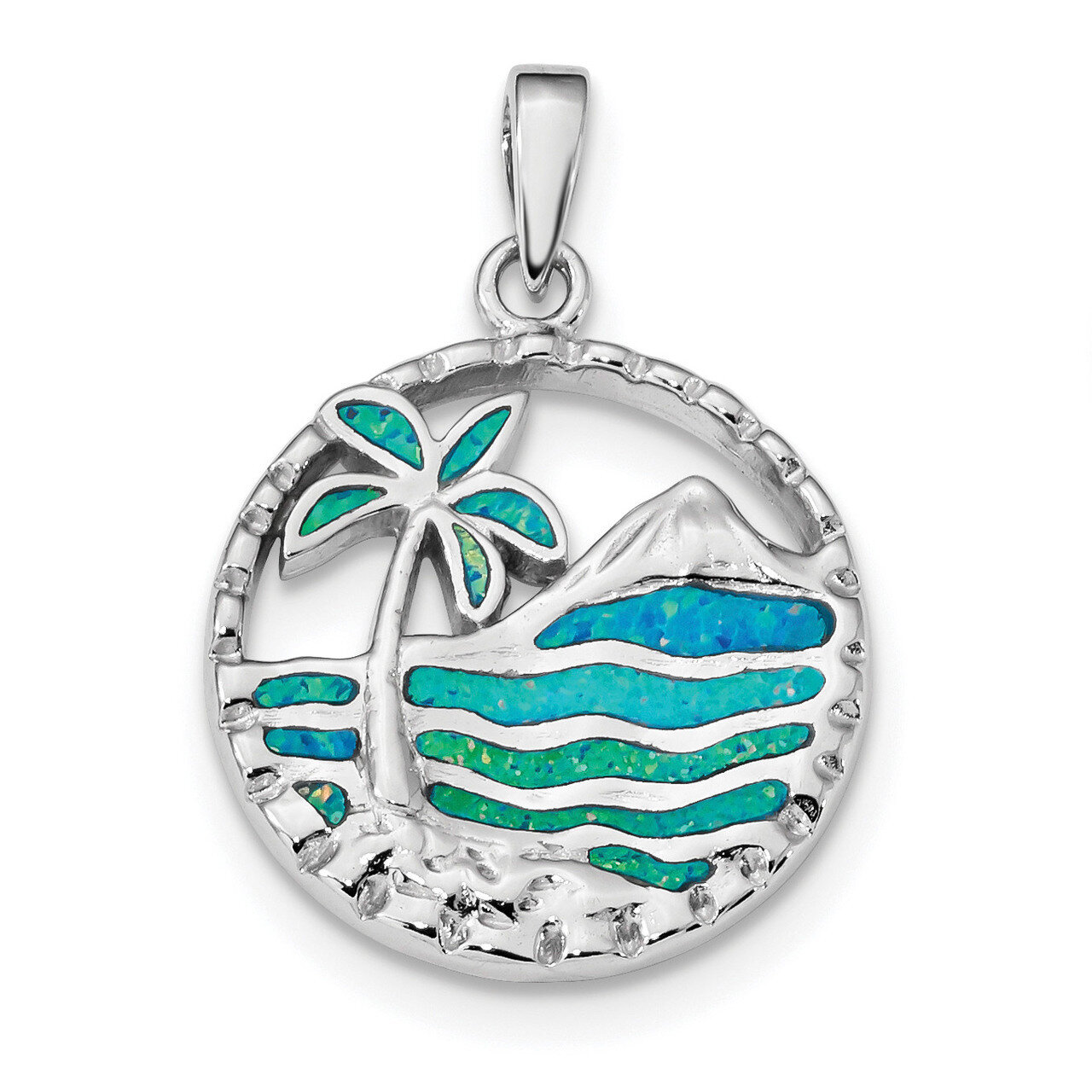Blue Created Opal Palm Tree Ocean Pendant Sterling Silver Rhodium-plated QP4867