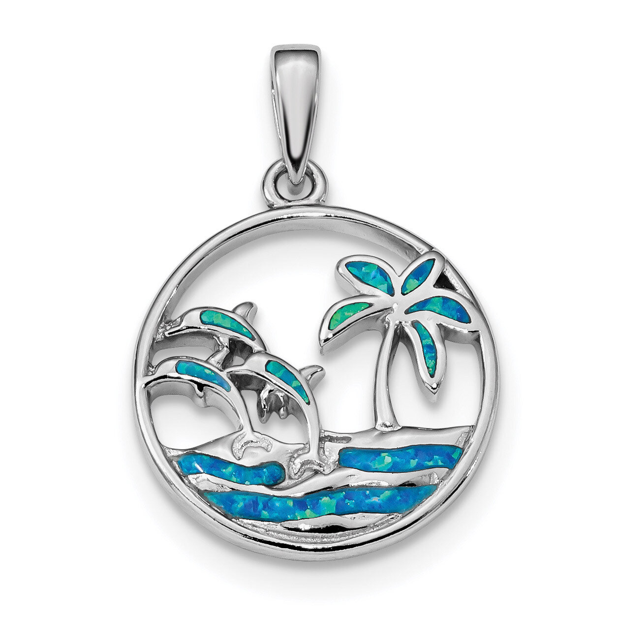 Blue Created Opal Dolphins Pendant Sterling Silver Rhodium-plated QP4869
