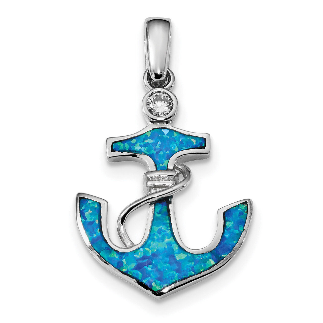 Blue Created Opal & CZ Diamond Anchor Pendant Sterling Silver Rhodium-plated QP4870