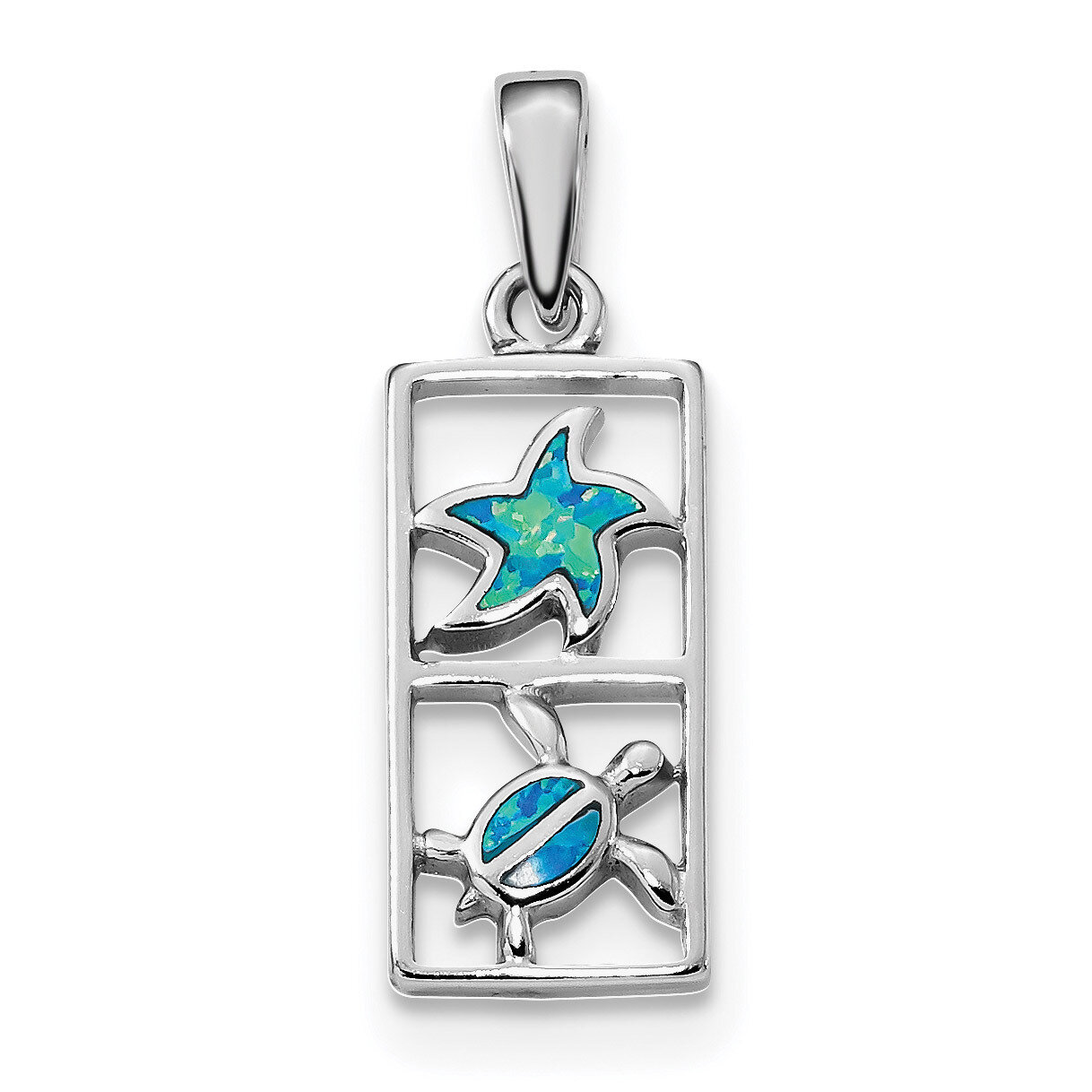 Blue Created Opal Starfish Turtle Pendant Sterling Silver Rhodium-plated QP4874