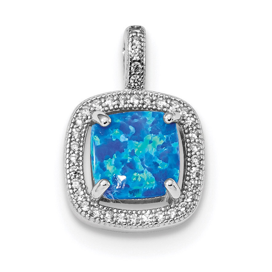 Blue Square Created Opal with CZ Diamond Pendant Sterling Silver Rhodium-plated QP4877, MPN: QP4877…