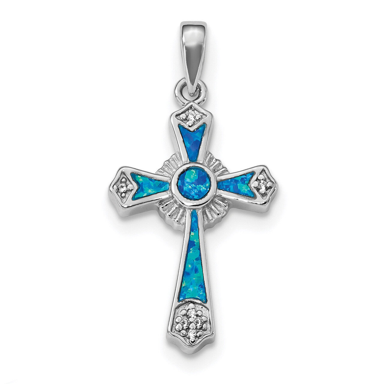 CZ Diamond &amp; Created Opal Cross Pendant Sterling Silver Rhodium-plated QP4879, MPN: QP4879, 8867740…