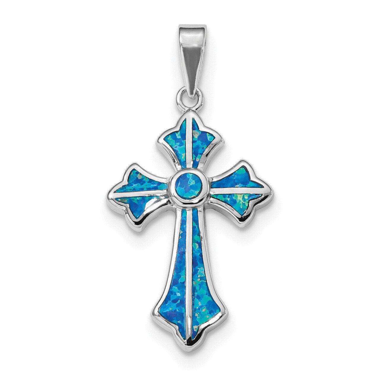 Blue Inlay Created Opal Cross Pendant Sterling Silver Rhodium-plated QP4880