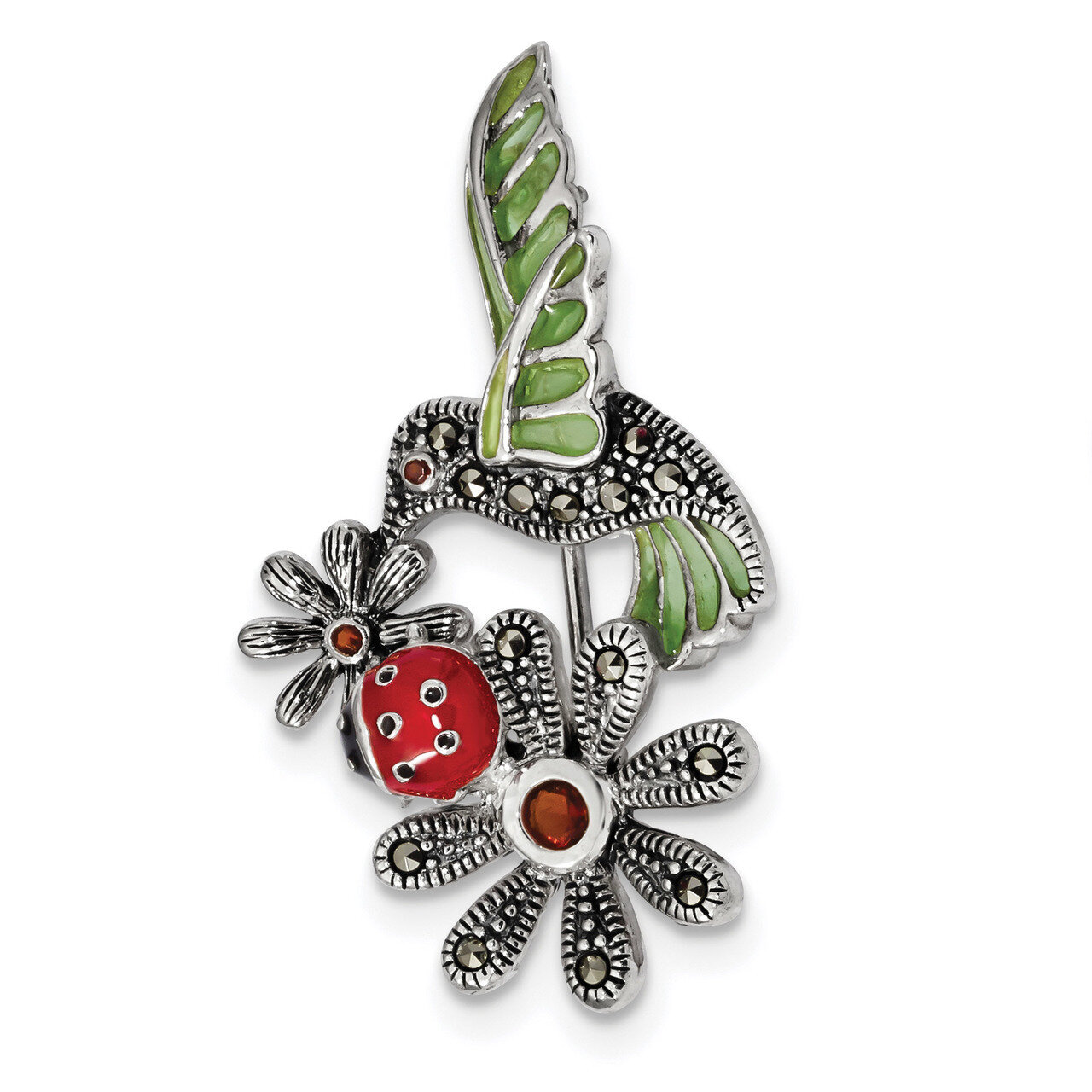 Epoxy/Marcasite/Red Glass Ladybug Flower Pin Sterling Silver Antiqued QP4887