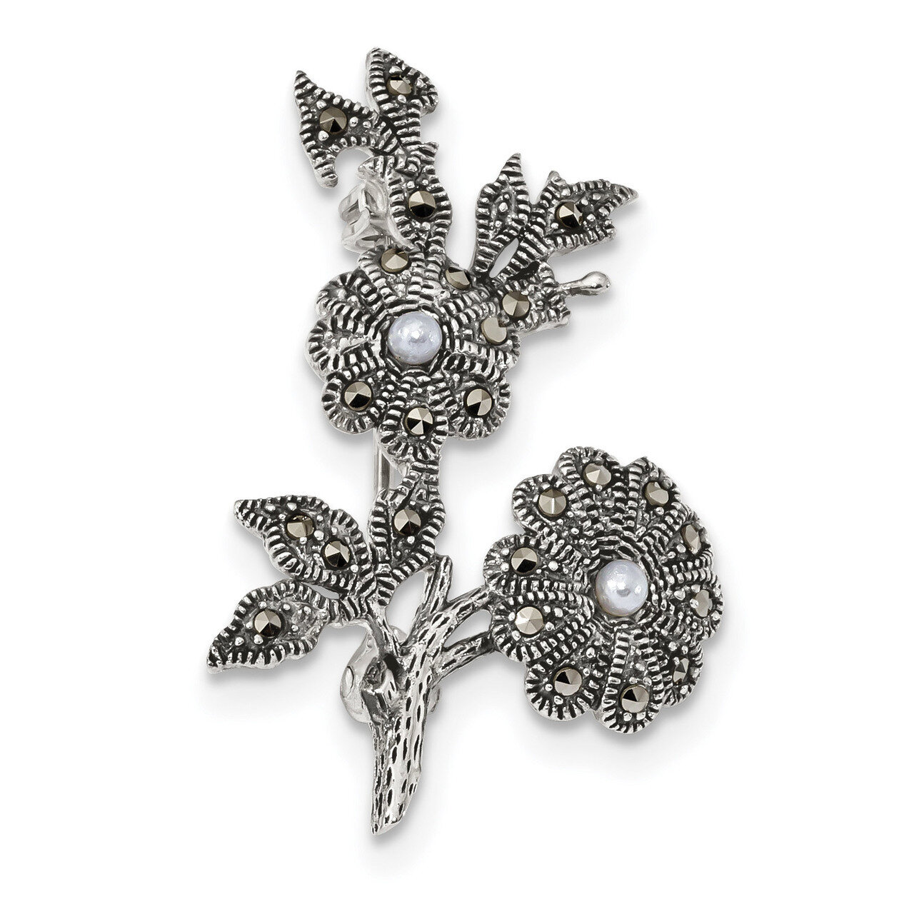 Marcasite &amp; Acrylic Pearl Flowers Pin Sterling Silver Antiqued QP4893, MPN: QP4893,