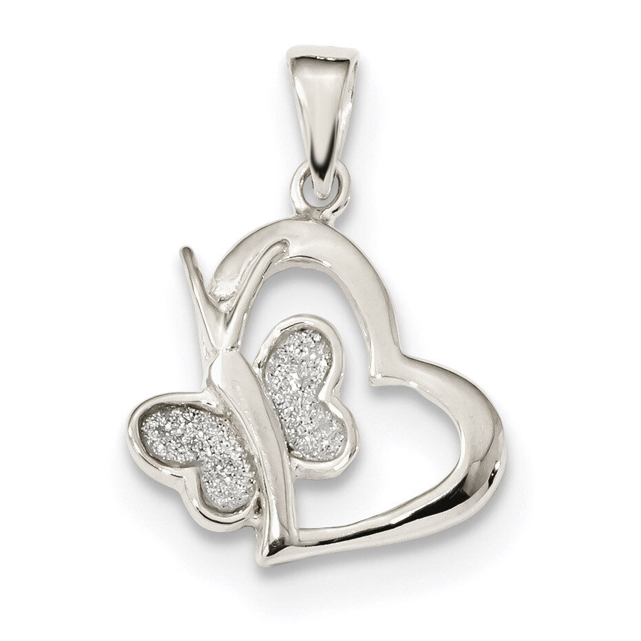 Glitter Enamel Heart with Butterfly Pendant Sterling Silver Polished QP4916