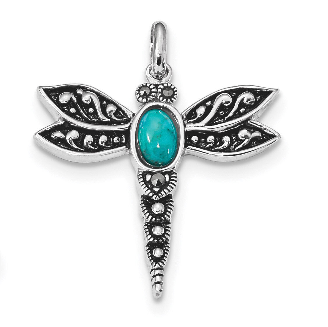Sterling Silver Rhodium Oxidized Recon. Turq Marcasite Dragonfly Pendant Sterling Silver Rhodium QP…