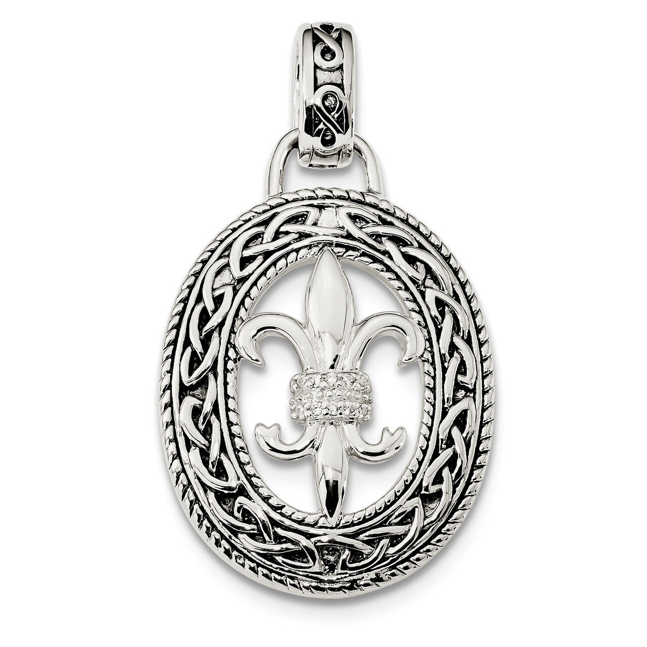 CZ Diamond Antiqued Filigree Fleur de Lis Pendant Sterling Silver QP5016, MPN: QP5016, 883957328386