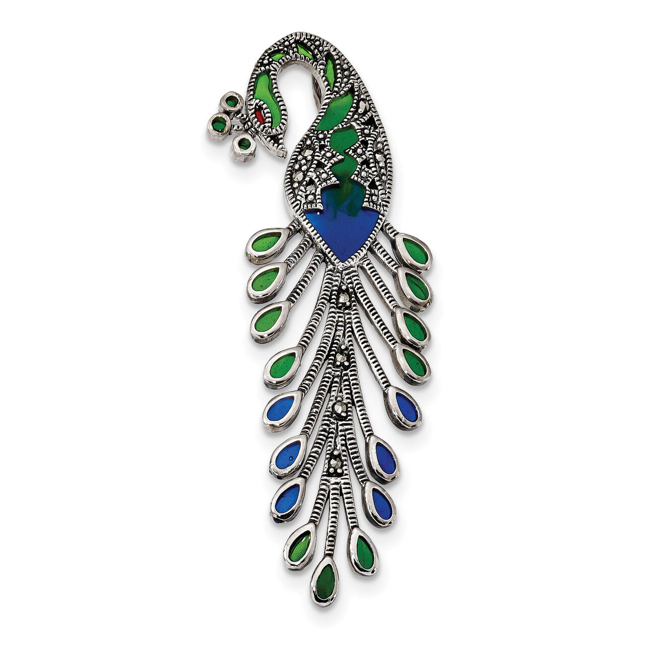 Green Red Blue Epoxy Marcasite Peacock Slide Sterling Silver Antiqued QP5022