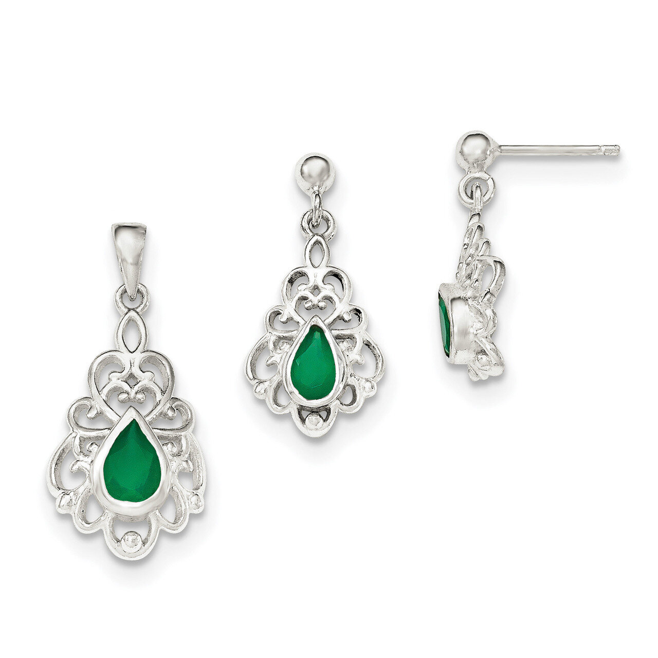 Green Agate Pendant and Post Earrings Set Sterling Silver Polished QST251, MPN: QST251, 883957812205