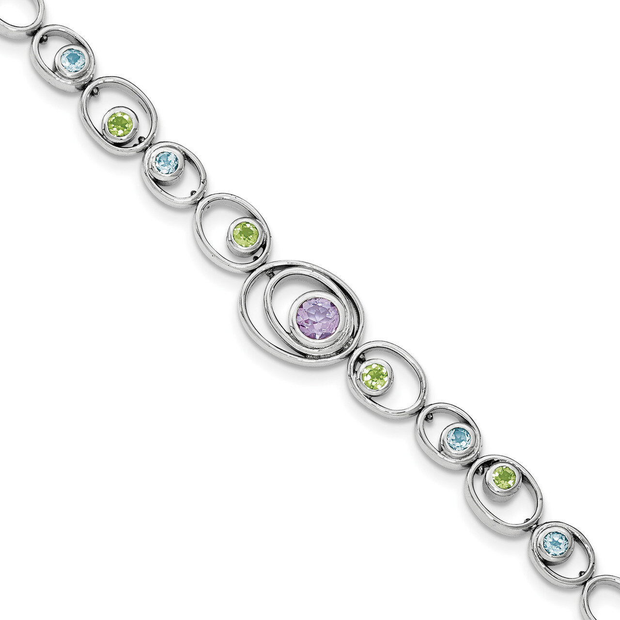 Peridot Blue Topaz &amp;Amethyst Bracelet 7.25 Inch Sterling Silver Rhodium-plated QX950RB, MPN: QX950R…