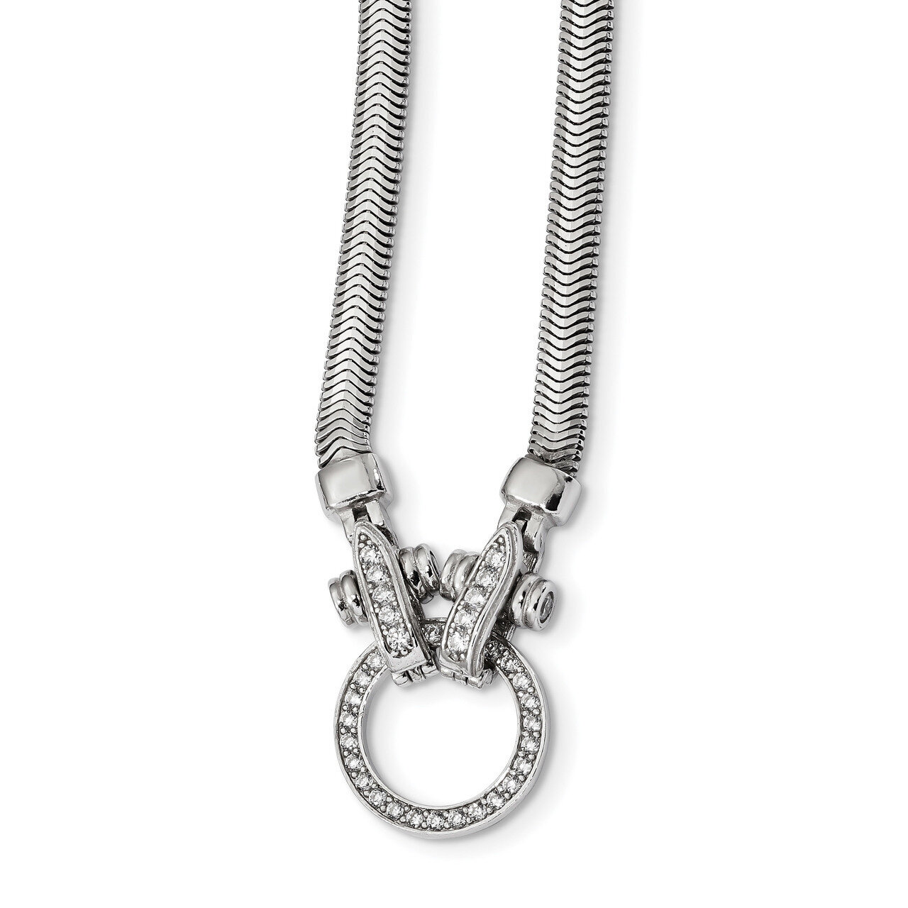 CZ Diamond circle Soft Herringbone Necklace 16 Inch Sterling Silver Rhodium-plated Polished QG4502-16