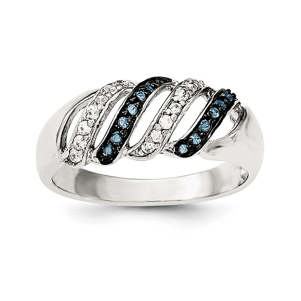 CZ Diamond &amp; Blue Glass Stone Ring Sterling Silver Polished QR6010, MPN: QR6010,