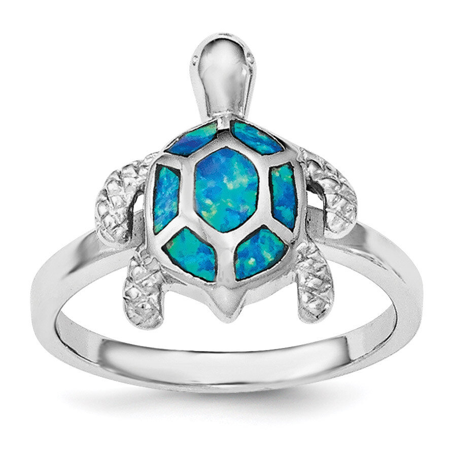 Created Blue Opal Turtle Ring Sterling Silver Rhodium QR6029