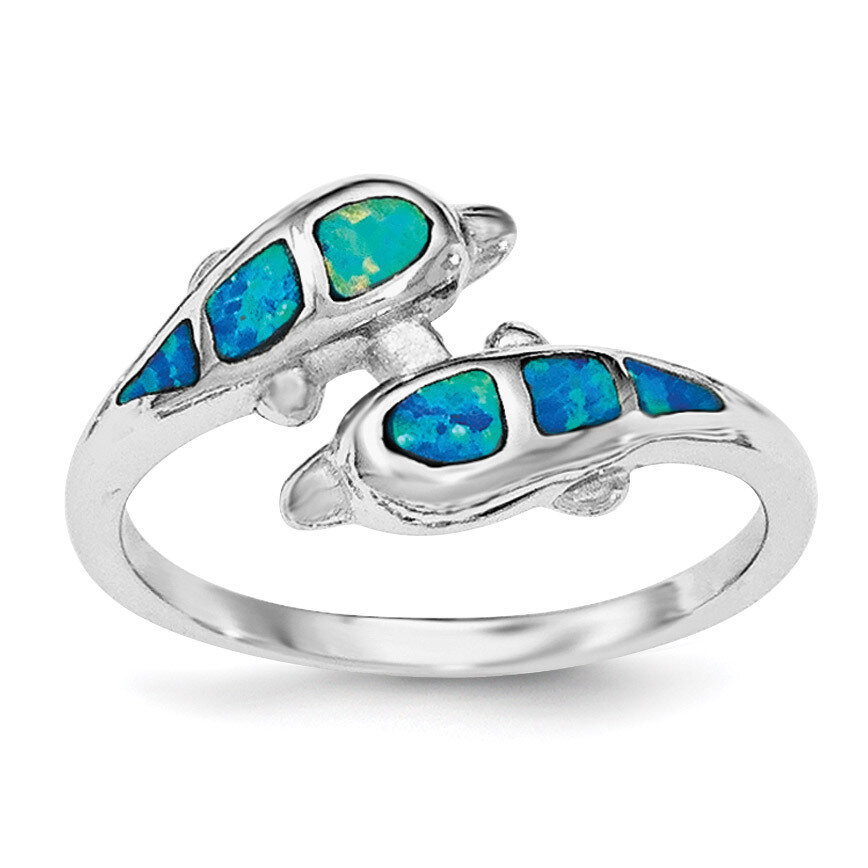 Created Blue Opal Dolphins Ring Sterling Silver Rhodium QR6030, MPN: QR6030, 191101312359