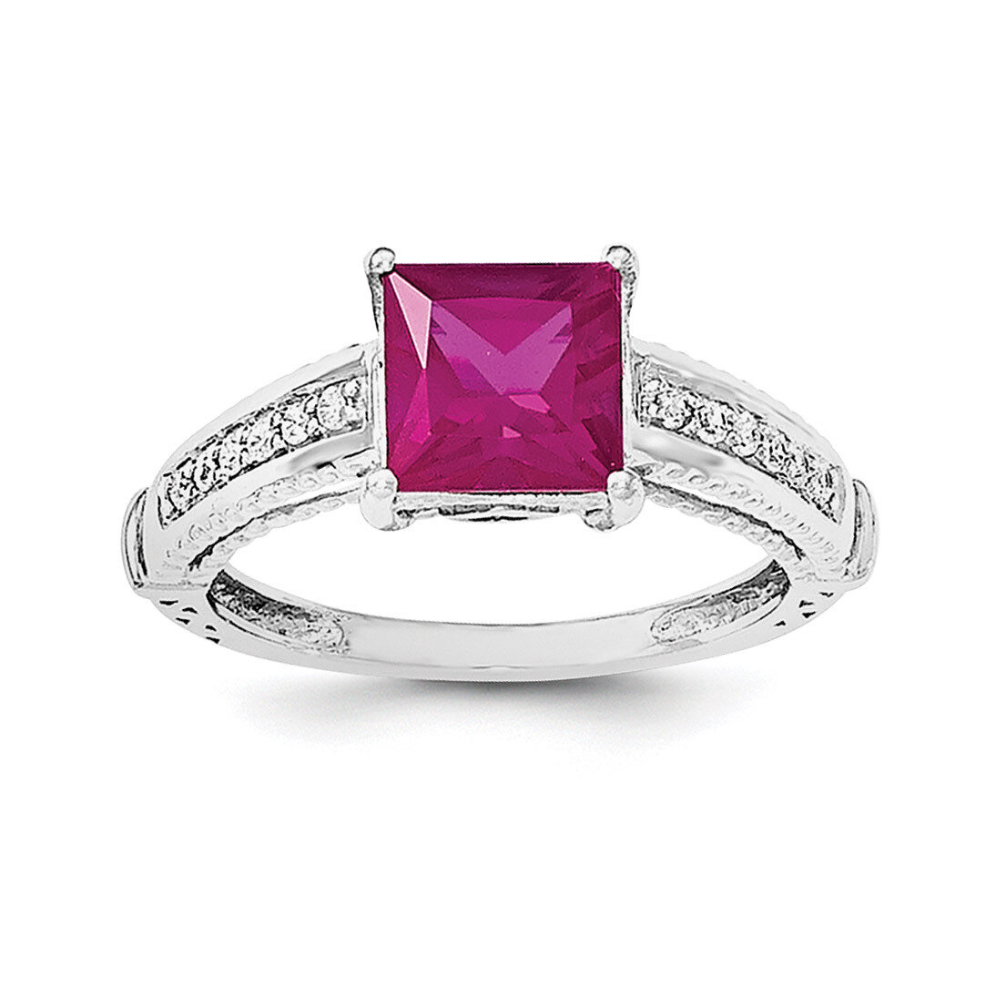 Synthetic Ruby &amp; CZ Diamond Ring Sterling Silver Rhodium-plated QR6322