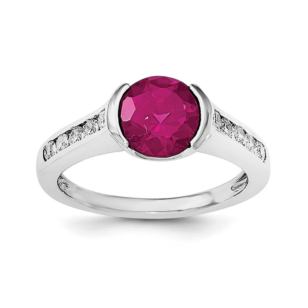 Synthetic Ruby &amp; CZ Diamond Bezel Ring Sterling Silver Rhodium-plated QR6323, MPN: QR6323,