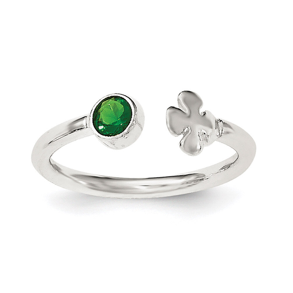 Green Glass Bead 4-Leaf Clover Adjustable Ring Sterling Silver QR6330