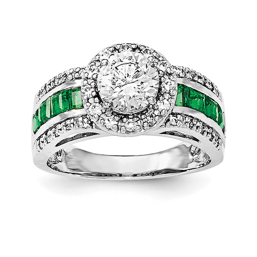CZ Diamond &amp; Lab Created Emerald Ring Sterling Silver Rhodium-plated QR6338, MPN: QR6338,