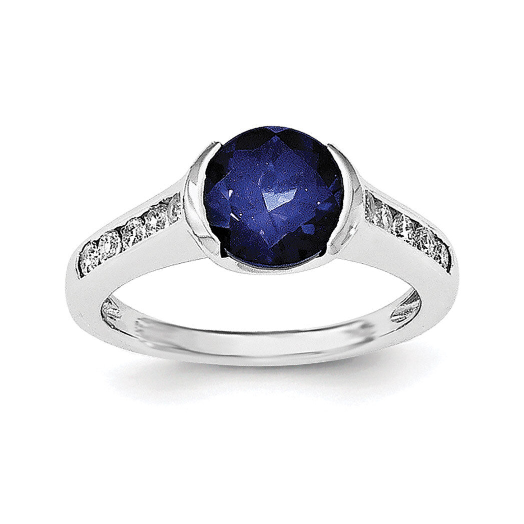 Synthetic Blue Sapphire &amp; CZ Diamond Bezel Ring Sterling Silver Rhodium-plated QR6349, MPN: QR6349,