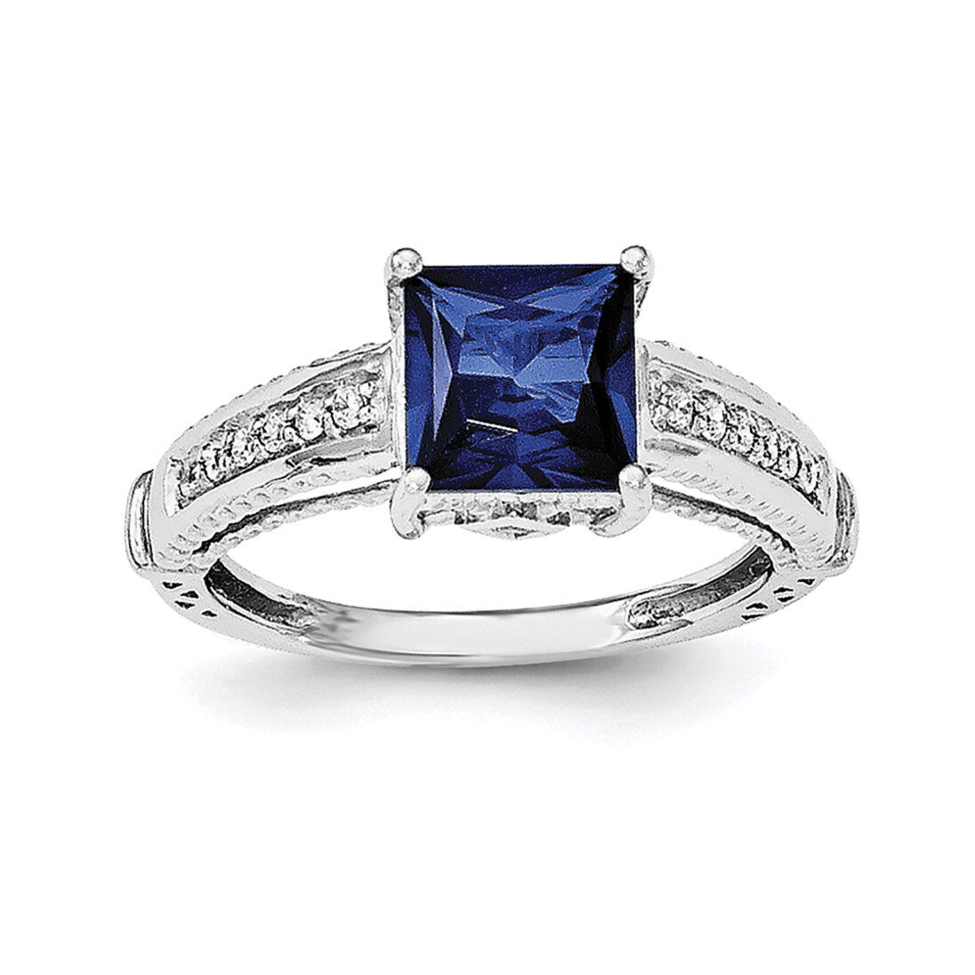Synthetic Blue Sapphire &amp; CZ Diamond Ring Sterling Silver Rhodium-plated QR6350, MPN: QR6350,