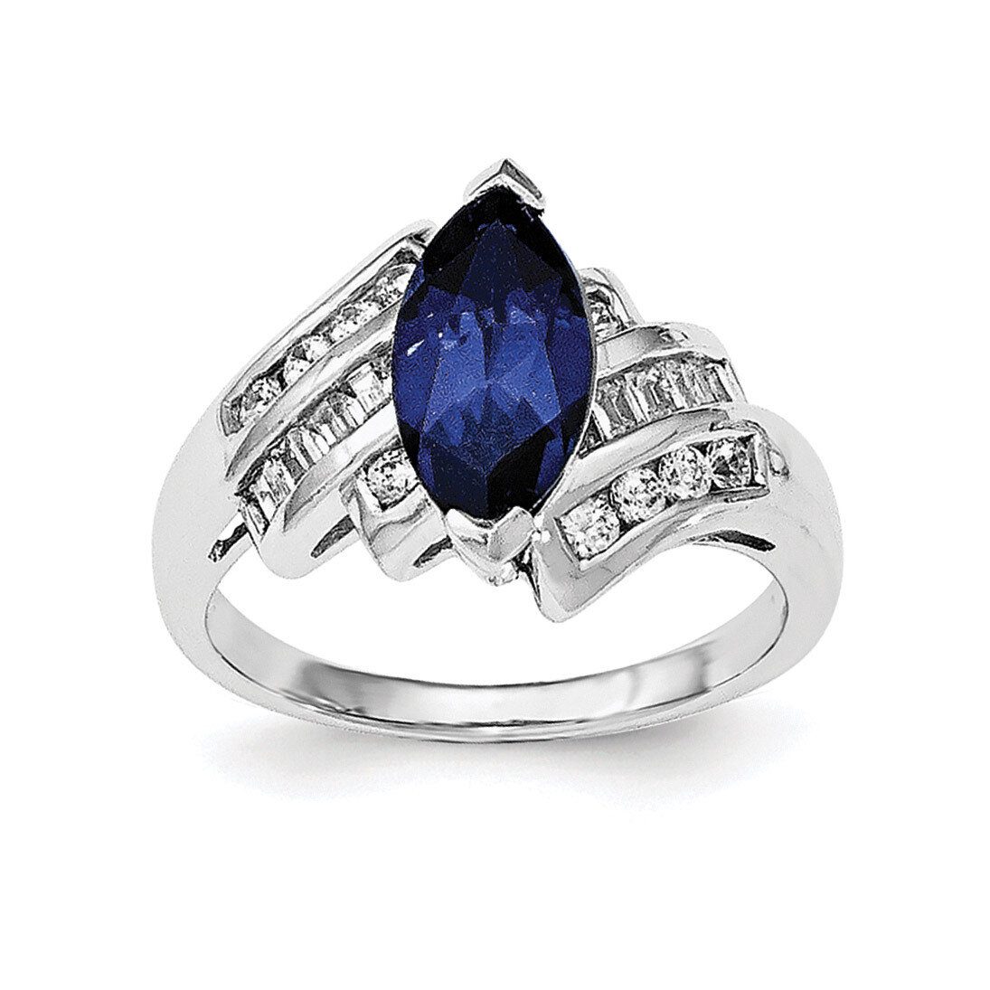 Synthetic Blue Sapphire &amp; CZ Diamond Marquise Ring Sterling Silver Rhodium-plated QR6351, MPN: QR63…