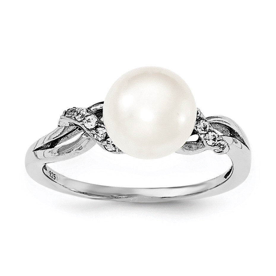 8-9mm White Cultured Freshwater Pearl CZ Diamond Ring Sterling Silver Rhodium-plated QR6490, MPN: Q…