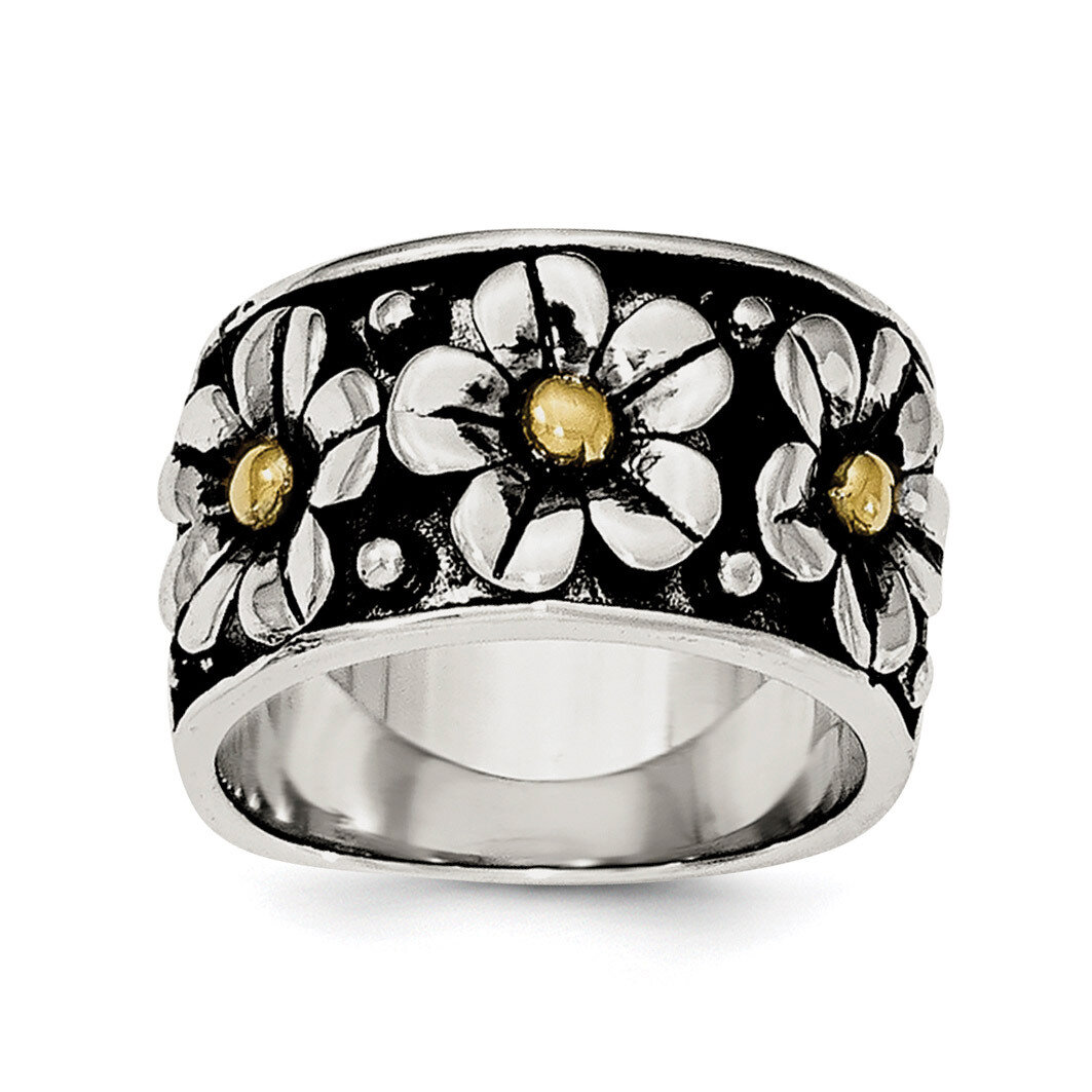 14k Gold Centers Daisy Ring Sterling Silver Antiqued QR6515