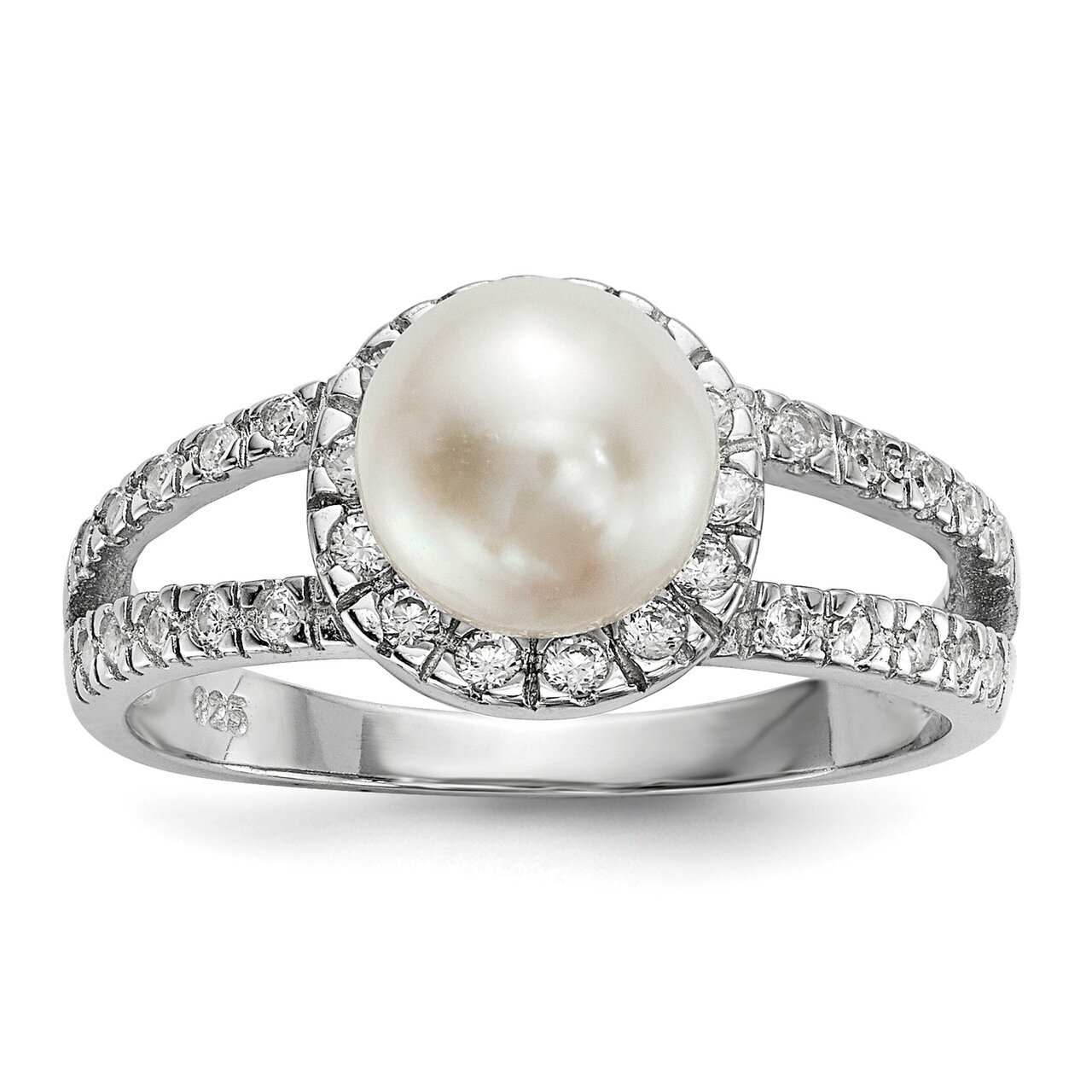 7-8mm White Button Cultured Freshwater Pearl CZ Diamond Ring Sterling Silver Rhodium-plated QR6543