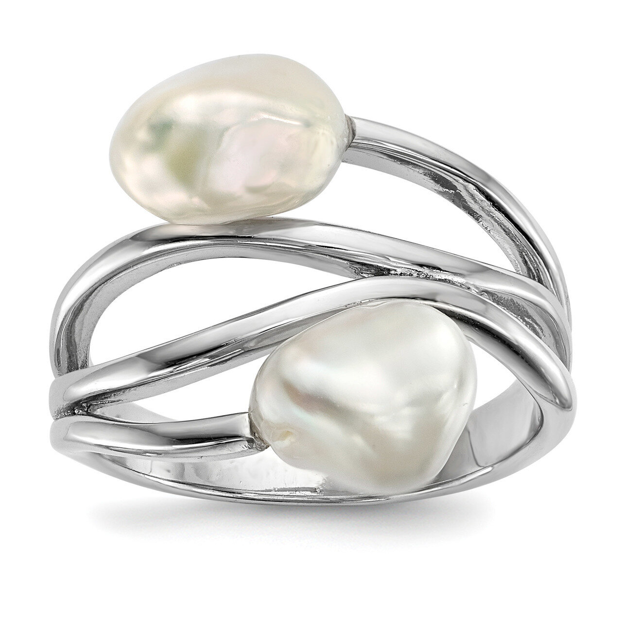 7-8mm White Baroque Cultured Freshwater Pearl Ring Sterling Silver Rhodium-plated QR6557, MPN: QR65…