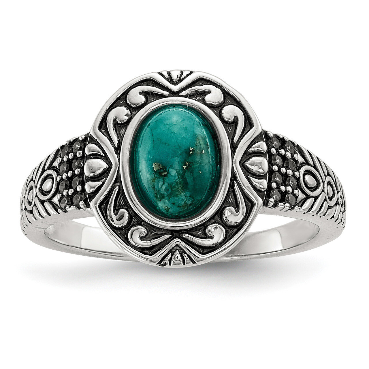 Oxidized with Recon. Turquoise Ring Sterling Silver Rhodium-plated QR6565, MPN: QR6565, 191101319259