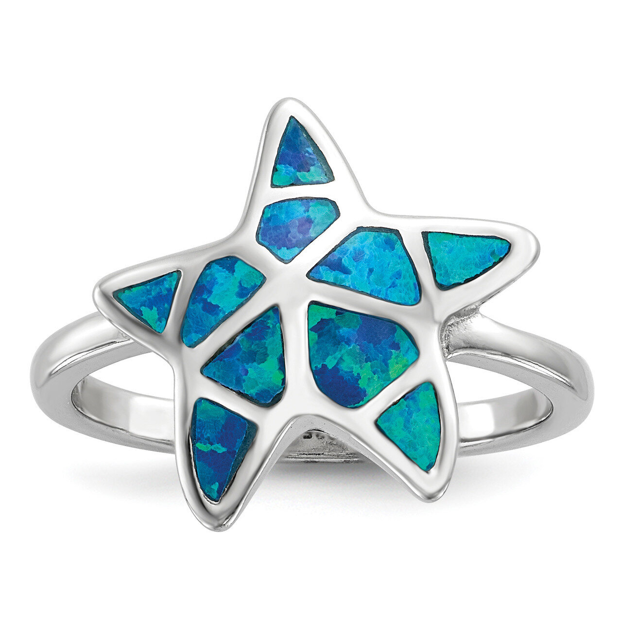 Blue Inlay Created Opal Starfish Ring Sterling Silver Rhodium-plated QR6570