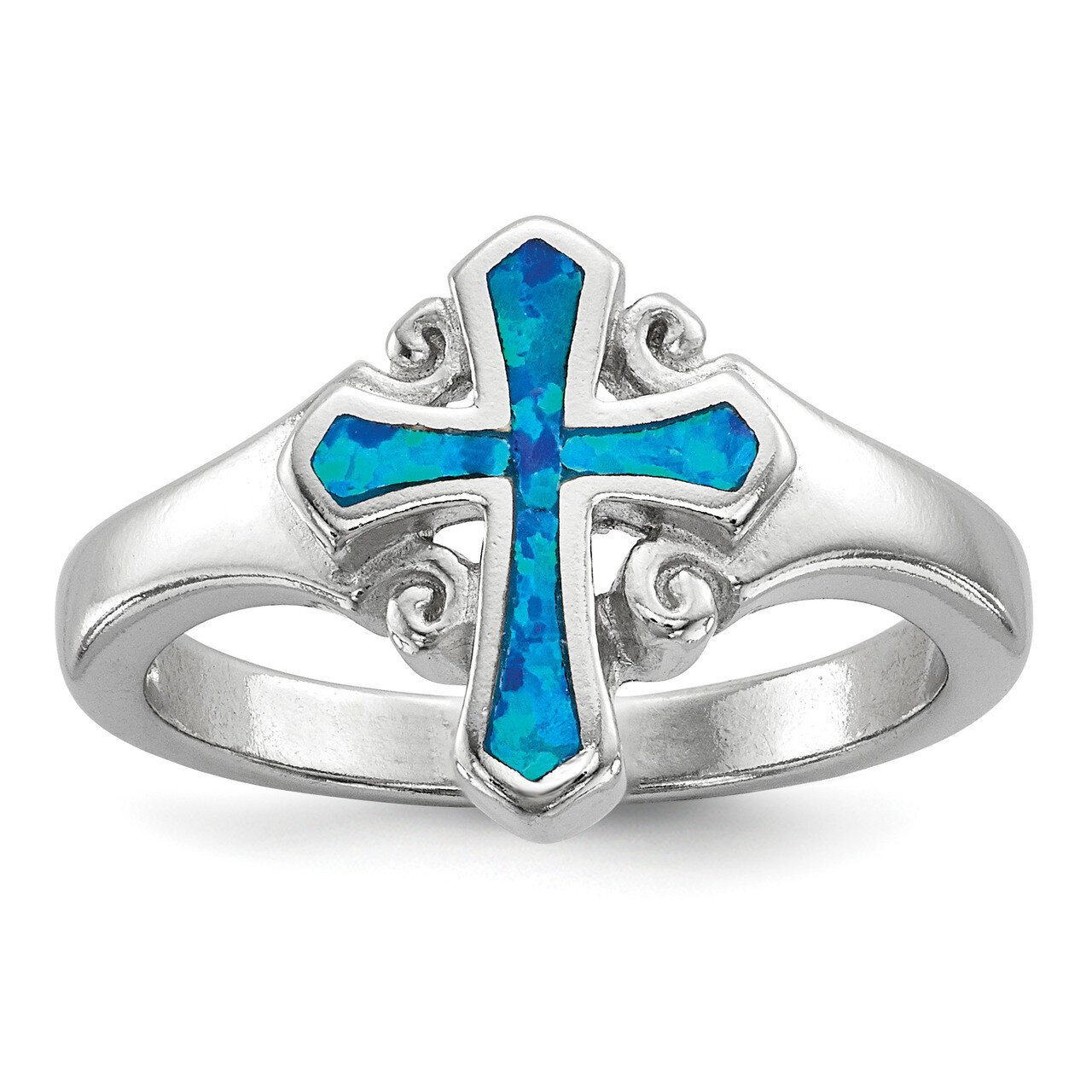 Blue Inlay Created Opal Cross Ring Sterling Silver Rhodium-plated QR6572