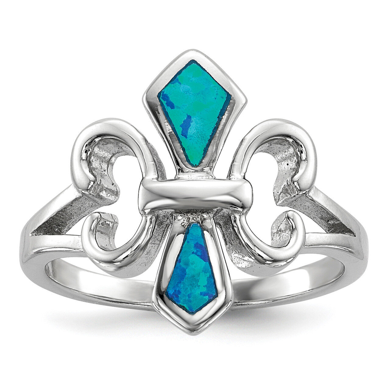 Blue Inlay Created Opal Fleur De Lis Ring Sterling Silver Rhodium-plated QR6573, MPN: QR6573, 19110…