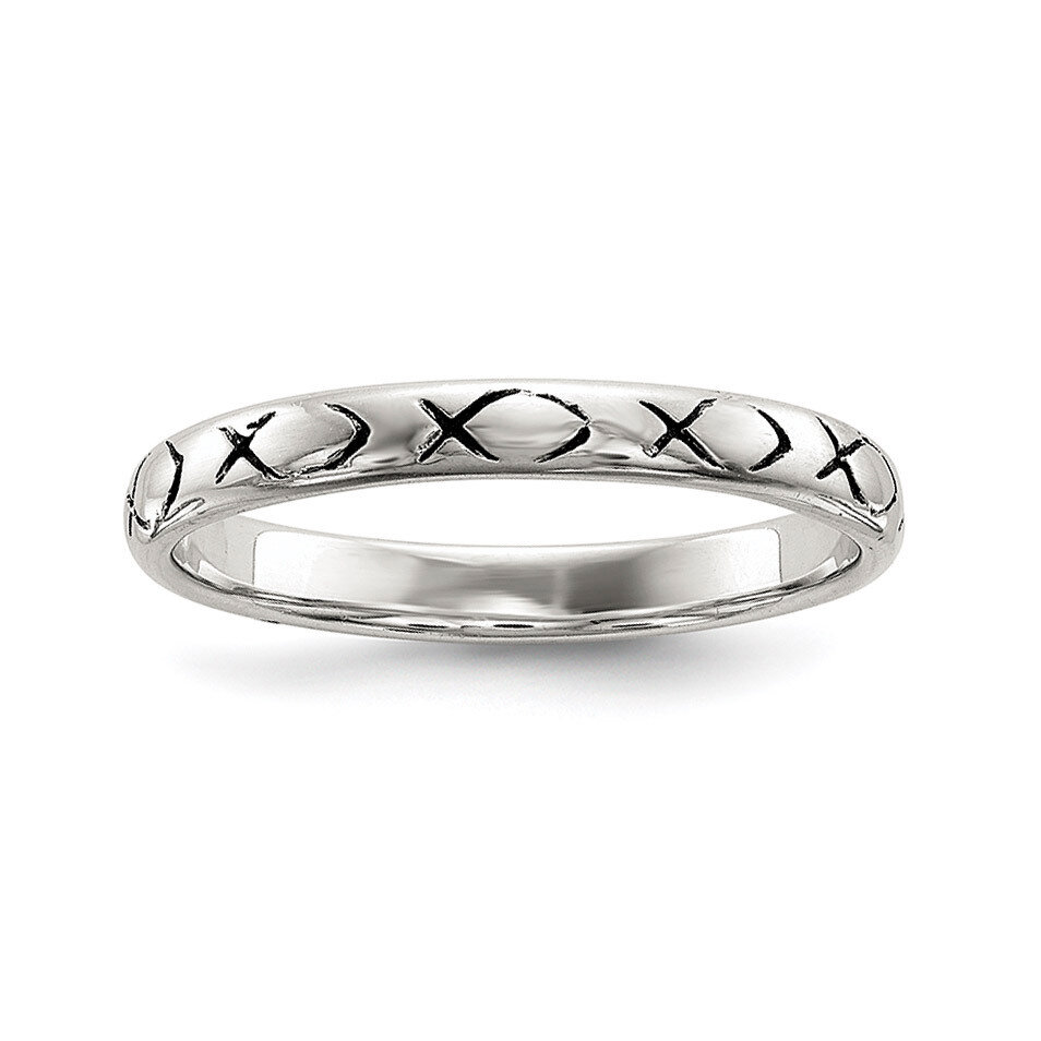 Antiqued Ichthus Ring Sterling Silver Rhodium-plated Polished QR6586