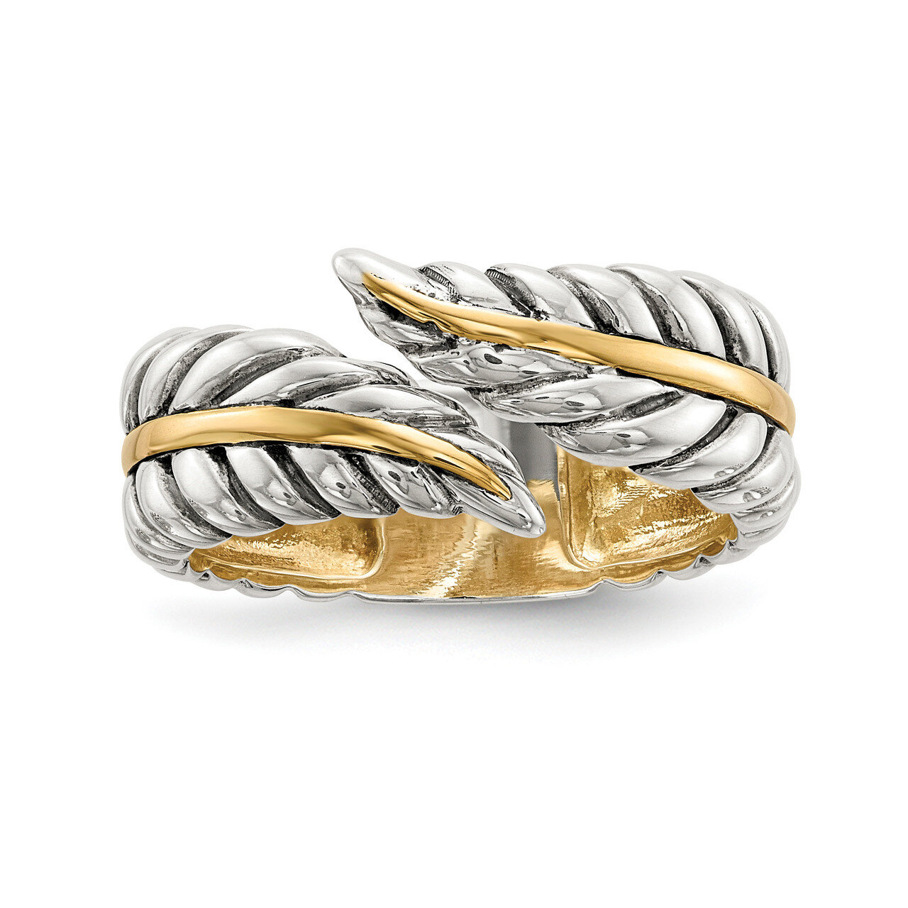 Antiqued Leaves Bypass Ring Sterling Silver with 14k Gold QR6611