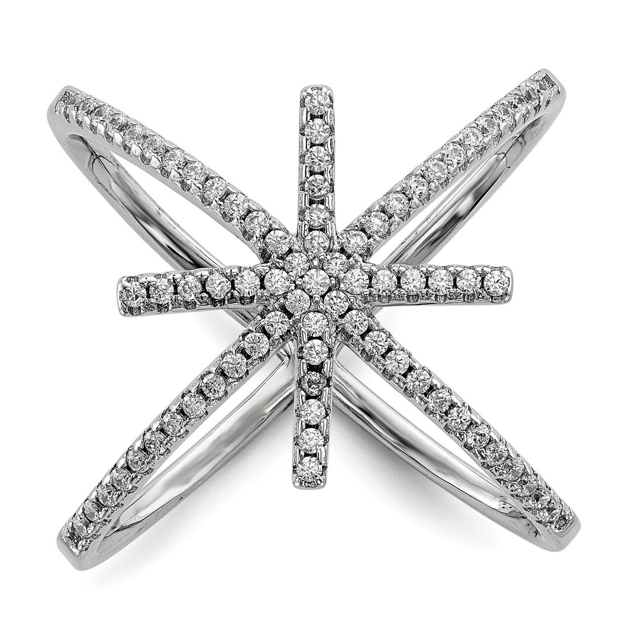 CZ Diamond Star Criss Cross Ring Sterling Silver Rhodium-plated QR6678, MPN: QR6678, 191101271731