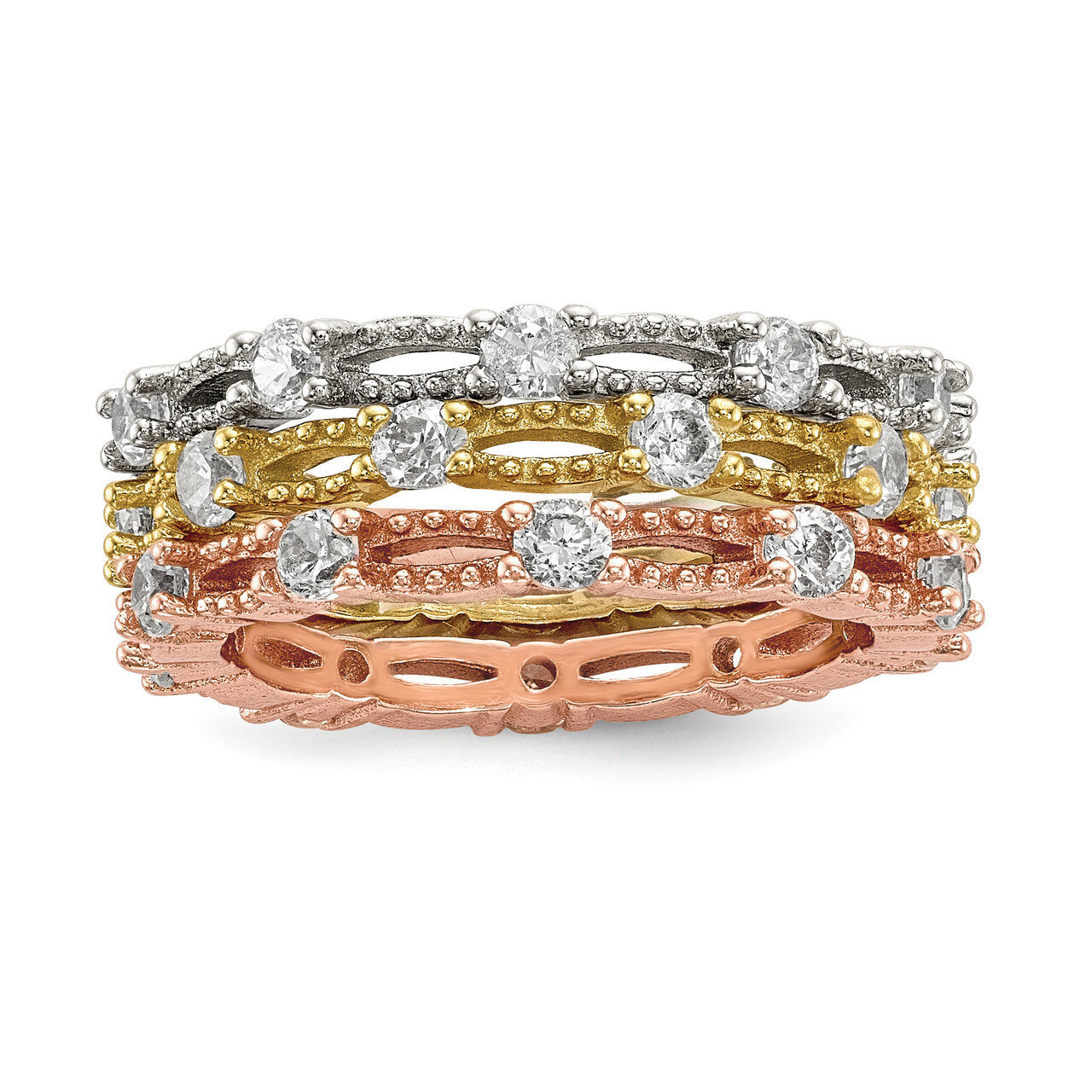 White Yellow &amp; Rose-tone Set of 3 CZ Diamond Eternity Rings Sterling Silver QR6684, MPN: QR6684,