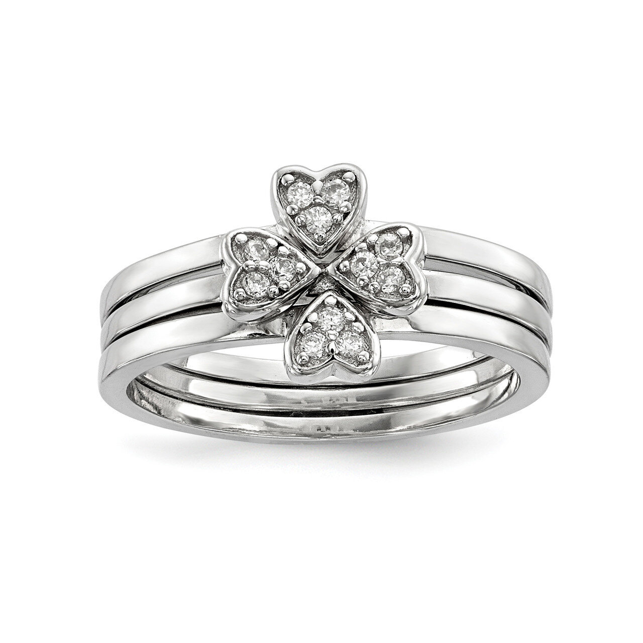 CZ Diamond Heart Clover 3 Ring Set Sterling Silver Rhodium-plated QR6695, MPN: QR6695, 883957939094