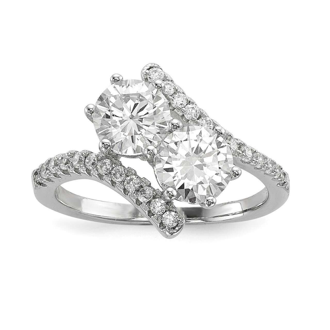 CZ Diamond Two Stone Round Bypass Ring Sterling Silver Rhodium-plated QR6709, MPN: QR6709, 88395793…