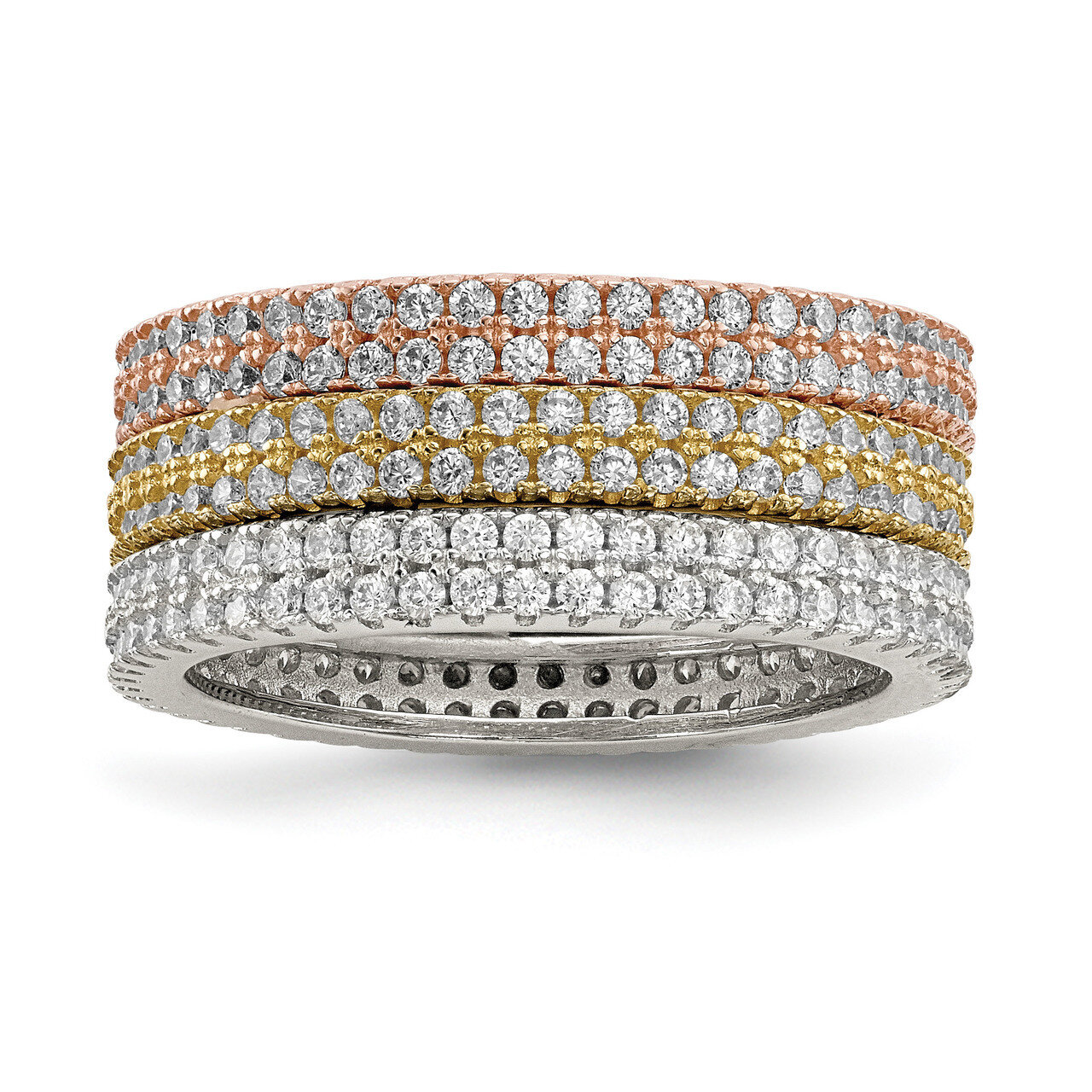 White Yellow &amp; Rose-tone Set of 3 CZ Diamond Eternity Rings Sterling Silver QR6738, MPN: QR6738,
