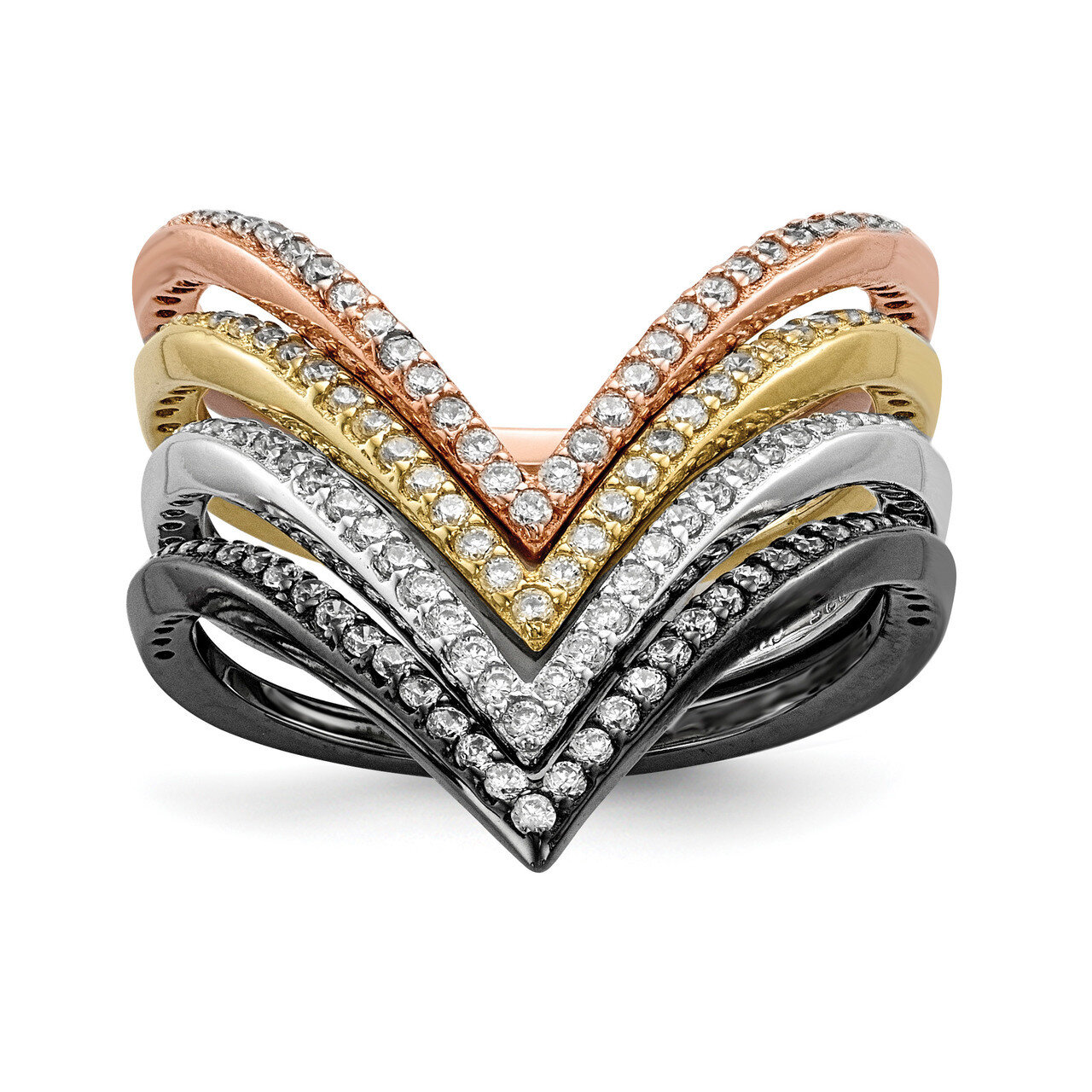 Black-plate Gold Rose-tone CZ Diamond 4 Ring Set Sterling Silver Rhodium QR6739, MPN: QR6739, 88395…