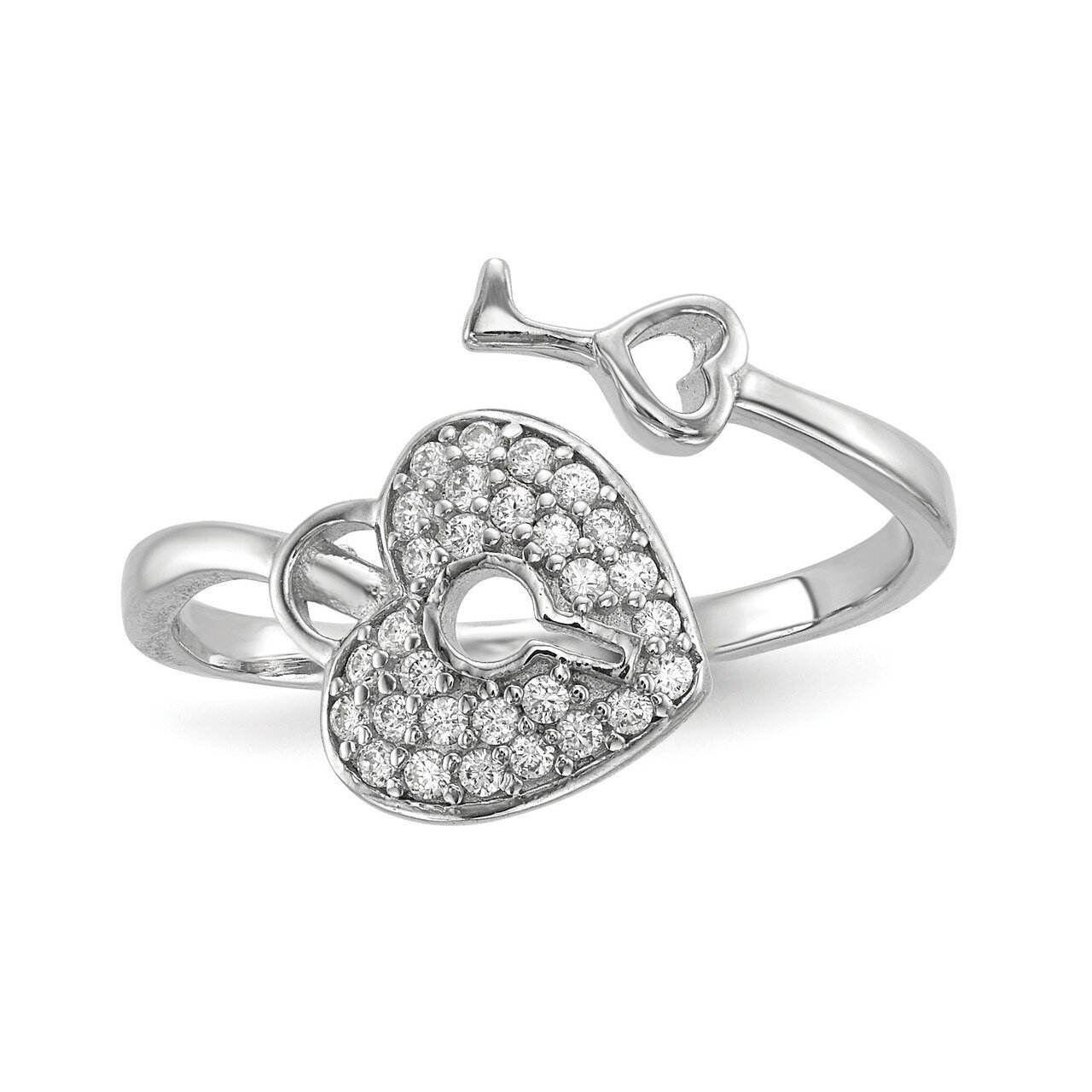 CZ Diamond Heart Lock and Key Ring Sterling Silver Rhodium-plated QR6748