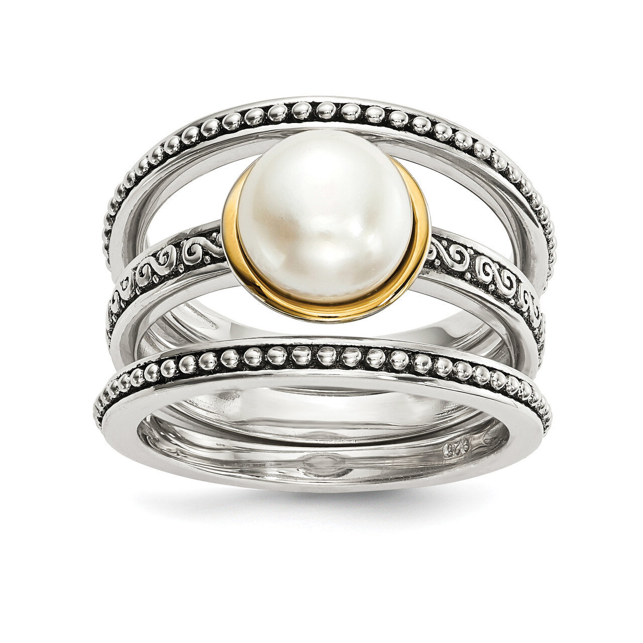 Antiqued 8mm Button Cultured Freshwater Pearl Set of 3 Rings Sterling Silver with 14k Gold QR6752, …