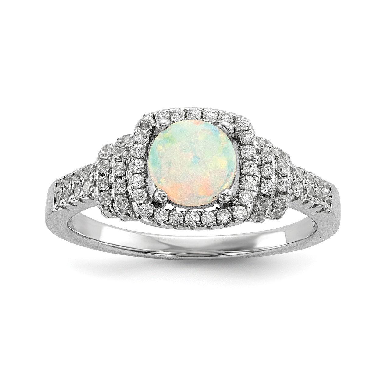 CZ Diamond and Synthetic White Opal Ring Sterling Silver Rhodium-plated QR6758