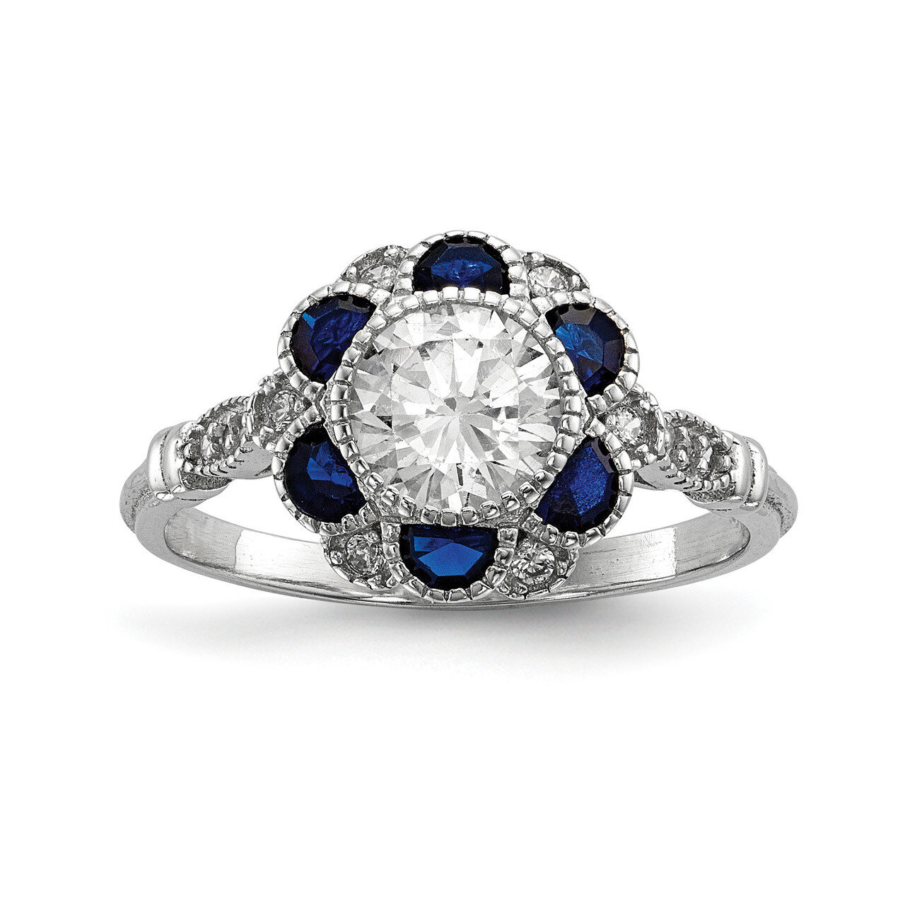 CZ Diamond & Synthetic Blue Sapphire Flower Ring Sterling Silver Rhodium-plated QR6770