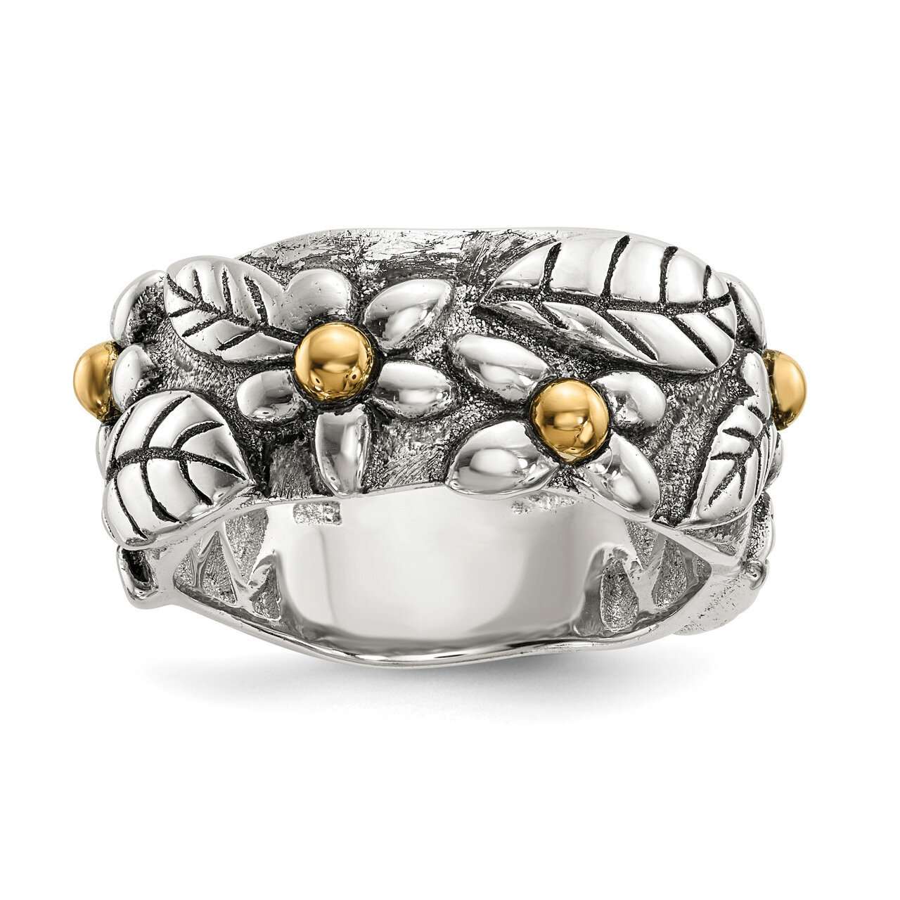 Antiqued Leaves &amp; Flowers Band Sterling Silver with 14k Gold QR6597, MPN: QR6597, 883957328423