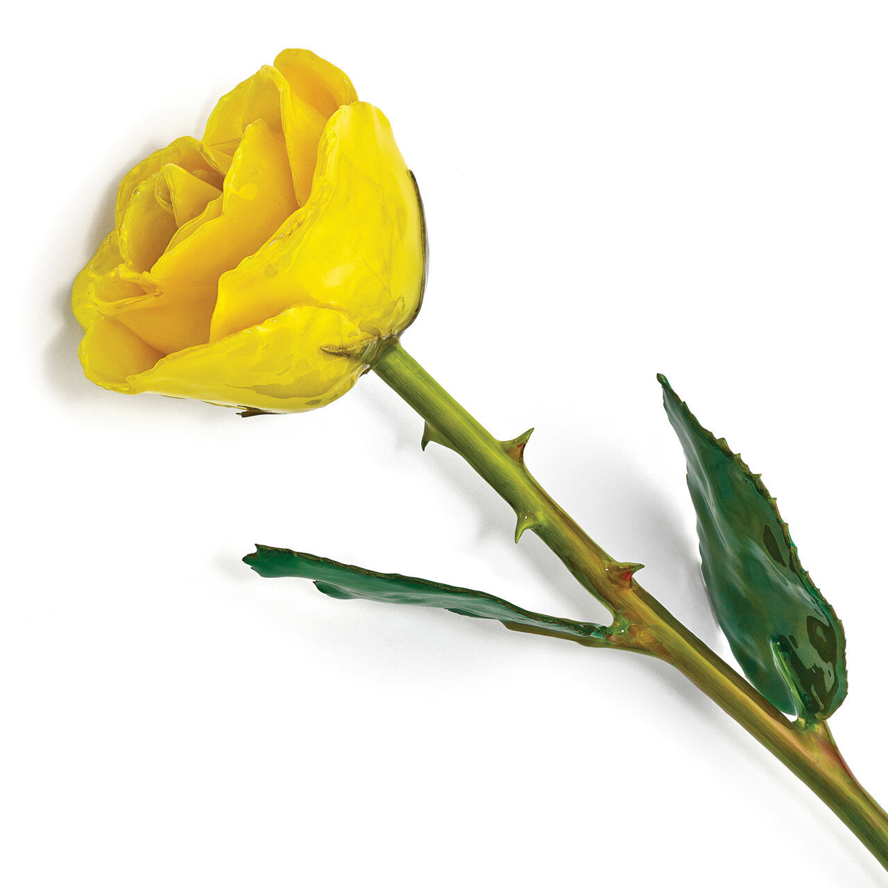 Lacquer Dipped Natural Yellow Rose with Green Leaves & Stem GM13070