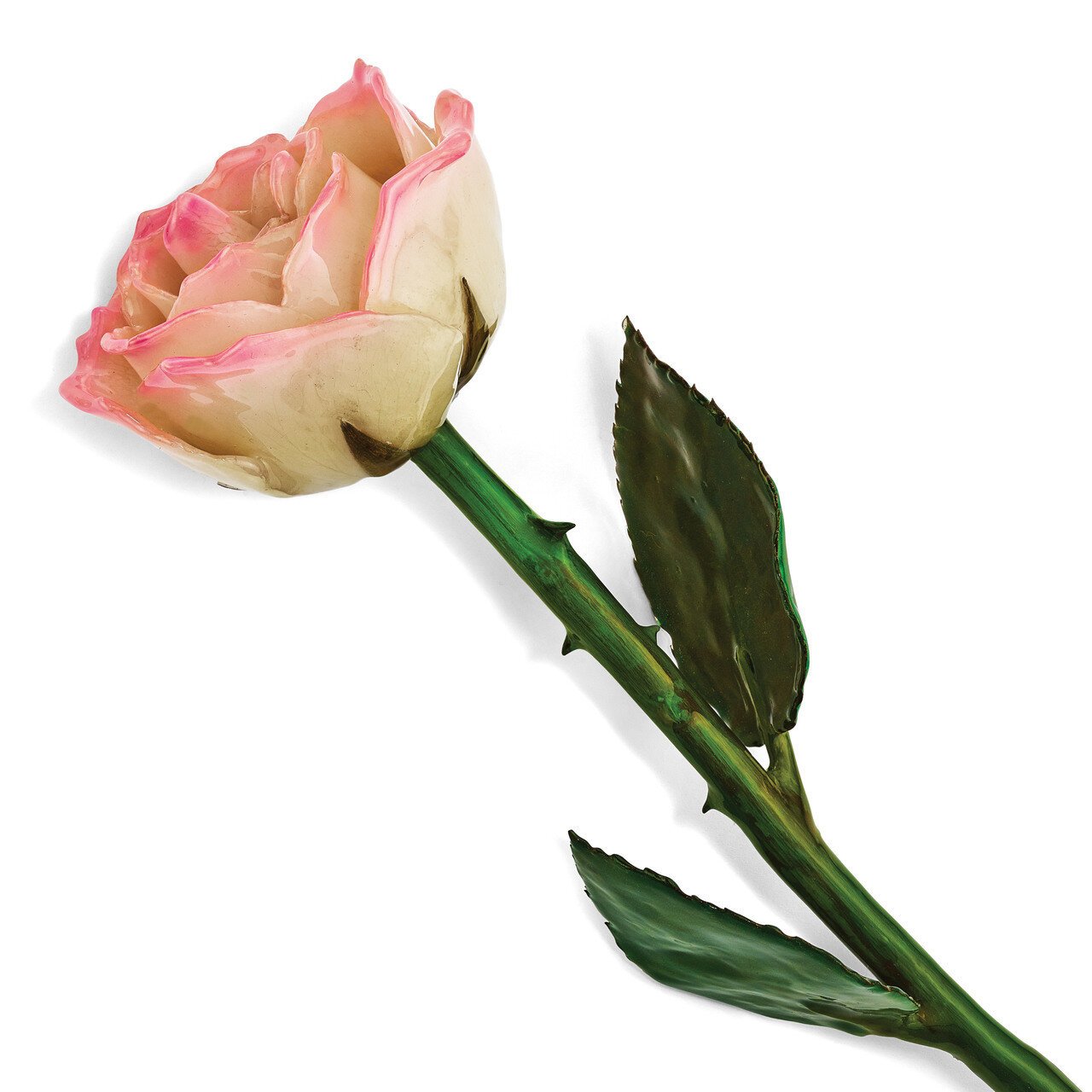Lacquer Dipped Natural White Pink Rose with Green Leaves & Stem GM13072
